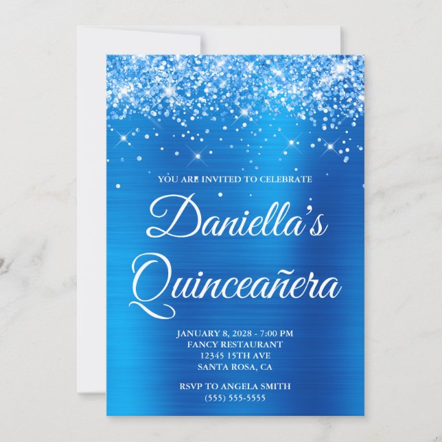 Sparkly Glittery Bright Blue Foil Quinceañera Inbjudningar (Framsida)