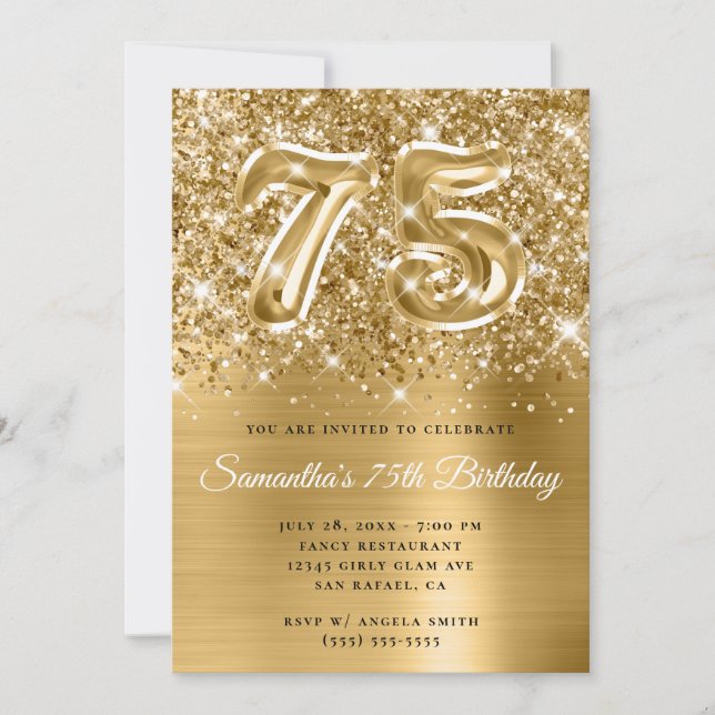 Sparkly Glittery Guld Glam 75:e Birthday Inbjudningar (Framsida)