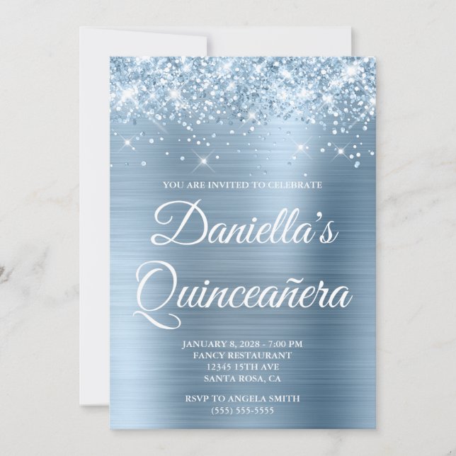 Sparkly Glittery Light Blue Foil Quinceañera Inbjudningar (Framsida)