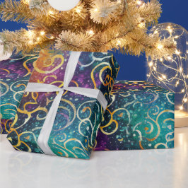 Sparkly Glittery Lila Blue och Guld Swirls Presentpapper