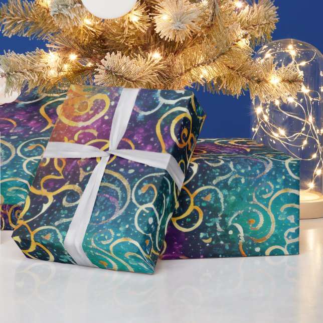 Sparkly Glittery Lila Blue och Guld Swirls Presentpapper (Helgdagar)