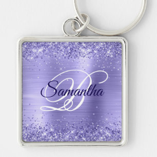 Sparkly Glittery Periwinkle Foil Finare Monogram Fyrkantig Silverfärgad Nyckelring