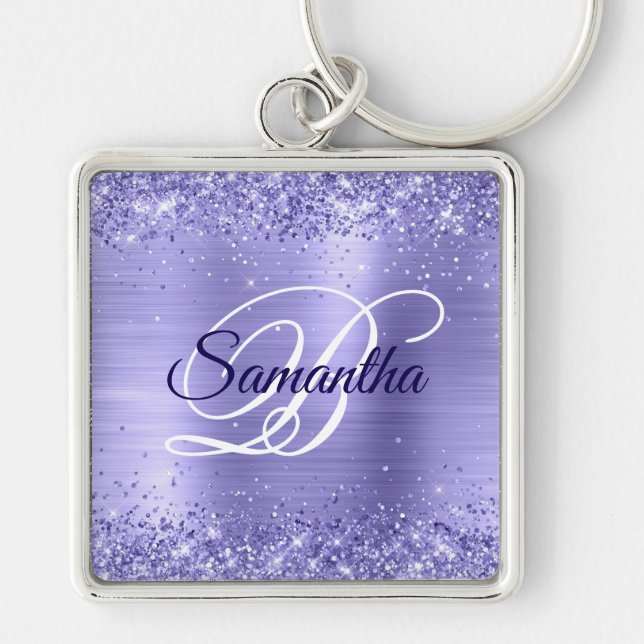 Sparkly Glittery Periwinkle Foil Finare Monogram Fyrkantig Silverfärgad Nyckelring (Framsidan)