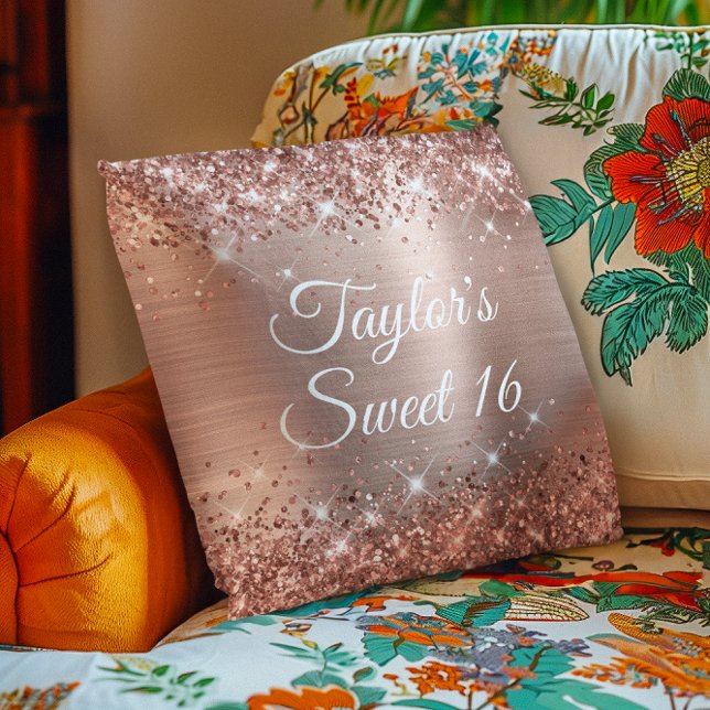Sparkly Glittery Ro Gold Foil Glam Sweet 16 Kudde (Sparkly Glittery Rose Gold Foil Glam Sweet 16 Throw Pillow)