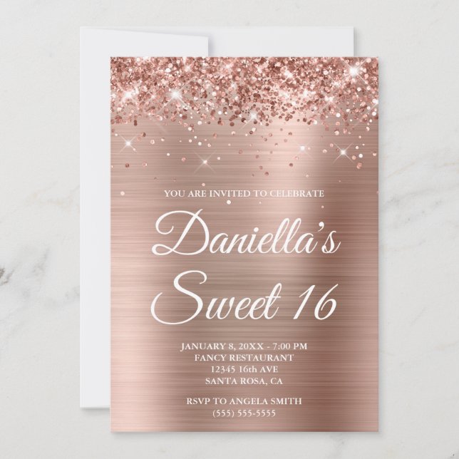 Sparkly Glittery Ro Gold Foil Sweet 16 Inbjudningar (Framsida)