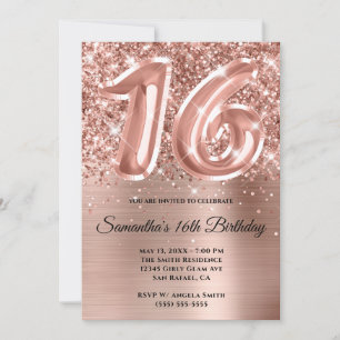 Sparkly Glittery Ro Guld Glam 16:e födelsedagen Inbjudningar