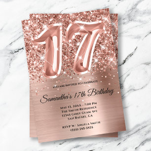 Sparkly Glittery Ro Guld Glam 17:e födelsedagen Inbjudningar