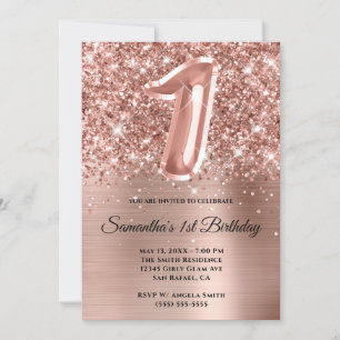 Sparkly Glittery Ro Guld Glam 1:a födelsedagen Inbjudningar