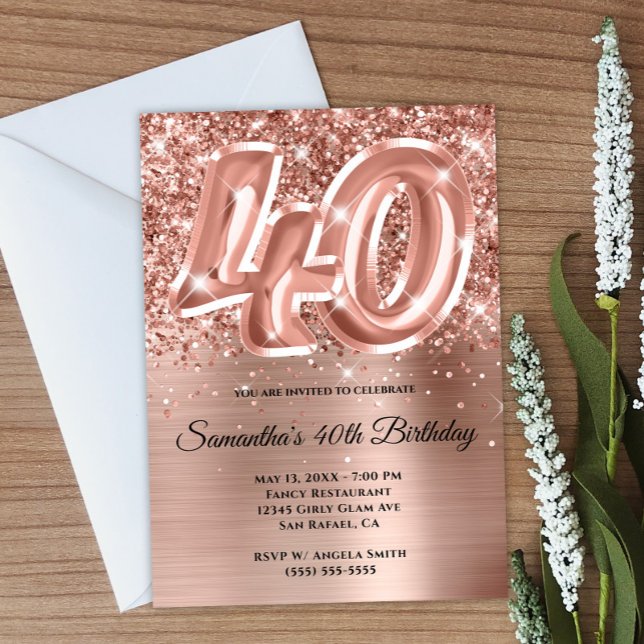 Sparkly Glittery Ro Guld Glam 40:e födelsedagen Inbjudningar (Create your own rose gold 40th birthday invitation.)