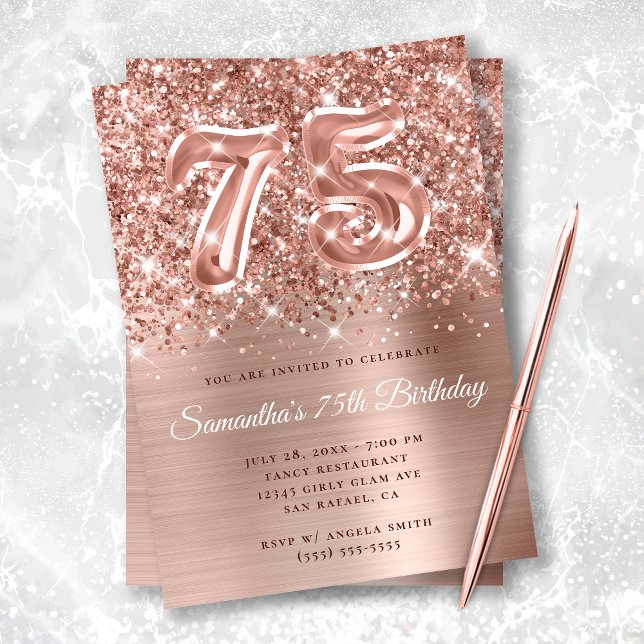 Sparkly Glittery Ro Guld Glam 75:e Birthday Inbjudningar (Skapare uppladdad)