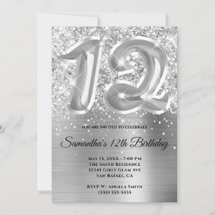 Sparkly Glittery Silver Glam 12:e Birthday Inbjudningar