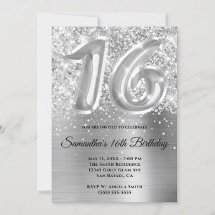 Sparkly Glittery Silver Glam 16:e födelsedagen Inbjudningar