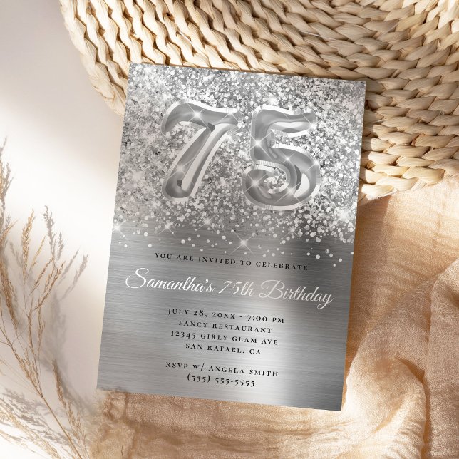 Sparkly Glittery Silver Glam 75:e Birthday Inbjudningar (Create your own silvery 75th milestone birthday invite.)
