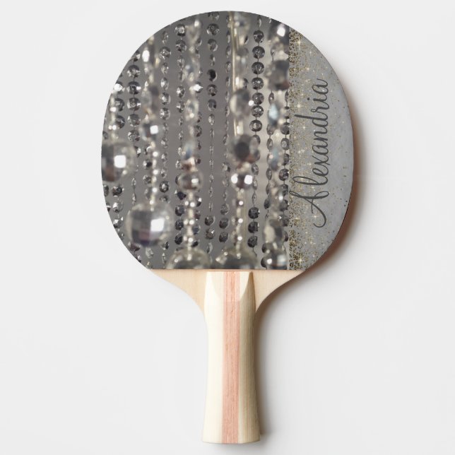Sparkly Glittery Silver Stringed Pärlor Pingisracket (Framsidan)