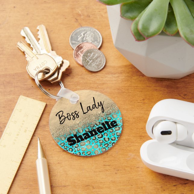 Sparkly Glittery Turcouise Leopard Anpassningsbar Nyckelring (Skrivbord)