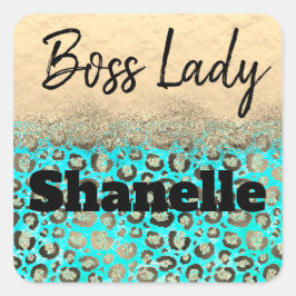 Sparkly Glittery Turcouise Leopard Chef Dam Fyrkantigt Klistermärke