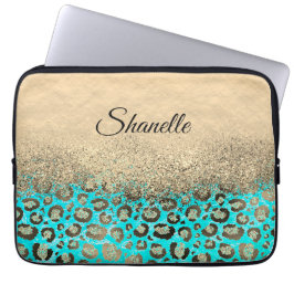 Sparkly Glittery Turcouise Leopard Laptop Fodral