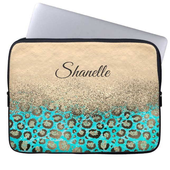 Sparkly Glittery Turcouise Leopard Laptop Fodral (Framsidan)