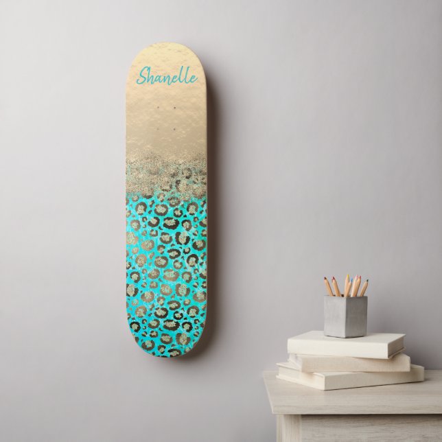 Sparkly Glittery Turcouise Leopard Mini Skateboard Bräda 18,5 Cm (Väggkonst)
