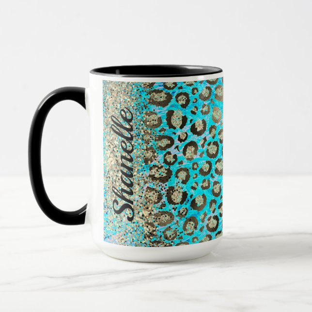 Sparkly Glittery Turcouise Leopard Mugg (Vänster)