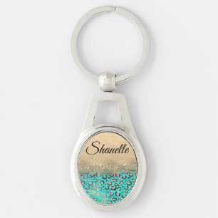 Sparkly Glittery Turcouise Leopard       Ovalt Silverfärgad Nyckelring