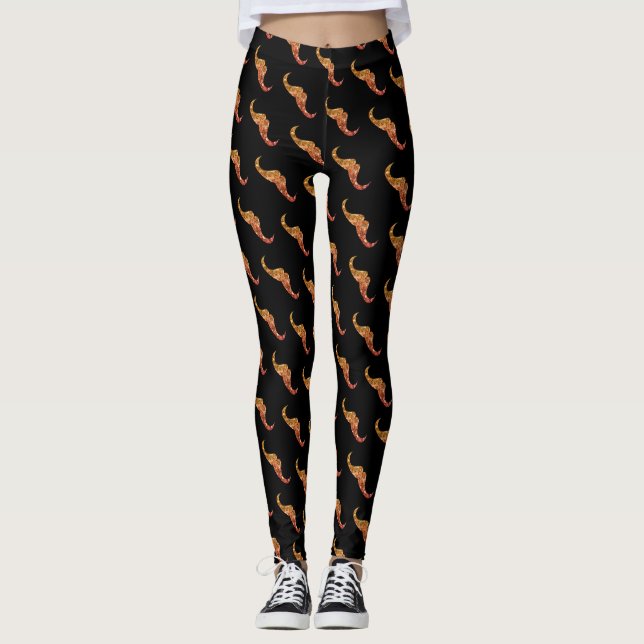 Sparkly gold orange ombre Mustache pattern black Leggings (Framsida)