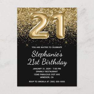 Sparkly Guld Black Balloon 21:a födelsedag Glitter Inbjudan Vykort