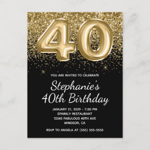 Sparkly Guld Black Balloon 40:e födelsedag Glitter Inbjudan Vykort