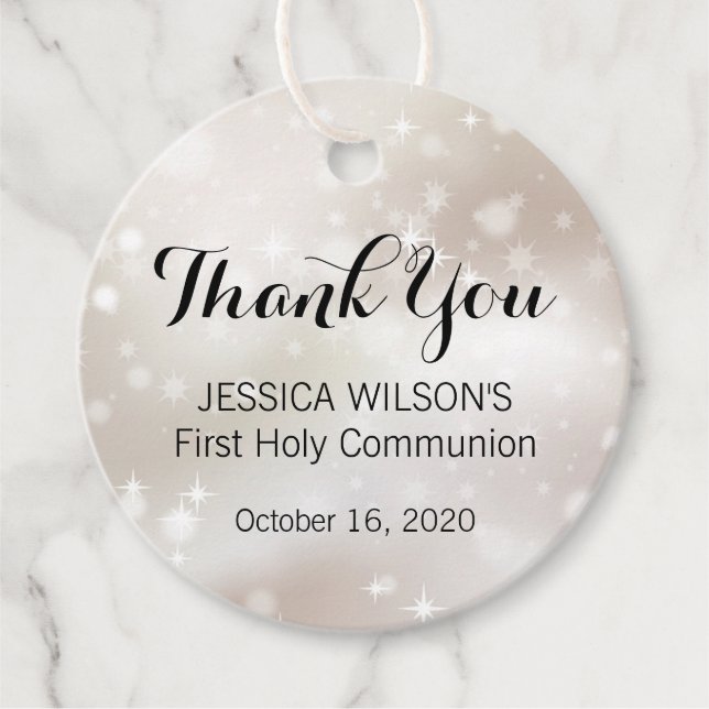 Sparkly Guld Celestial First Heliga Communion Gåvor Etiketter (Framsida)