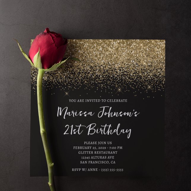 Sparkly Guld Glitter Black 21:a födelsedag Inbjudningar (Sparkly Gold Glitter Black 21st Birthday Invitation)