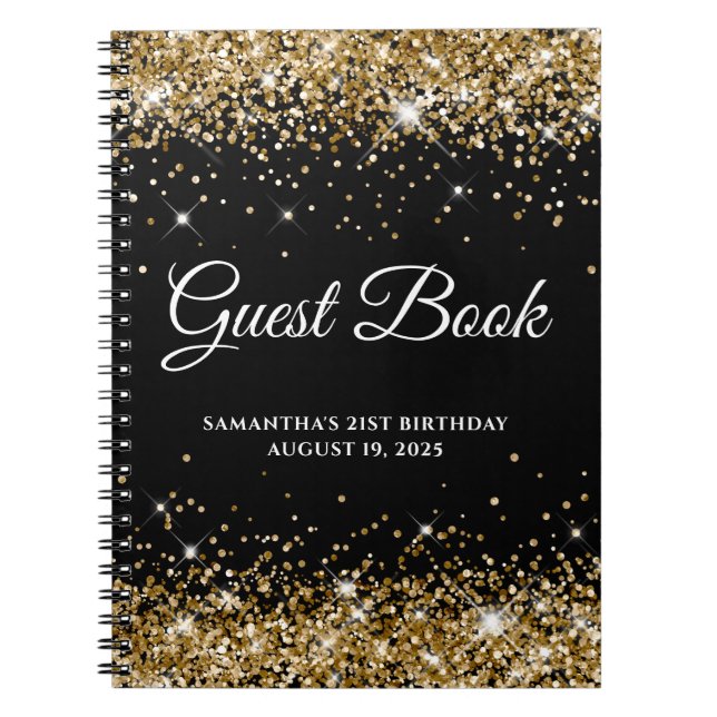 Sparkly Guld Glitter Black 21:a födelsedagsboken G Anteckningsbok (Framsidan)