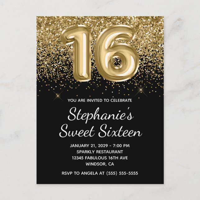 Sparkly Guld Glitter Black Balloon Sweet sixteen Inbjudan Vykort (Framsida)