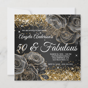 Sparkly Guld Glitter Black Ro Glam 50 & Fabulous Inbjudningar