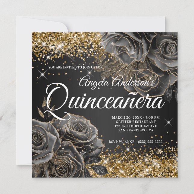 Sparkly Guld Glitter Black Ro Glam Quinceañera Inbjudningar (Framsida)