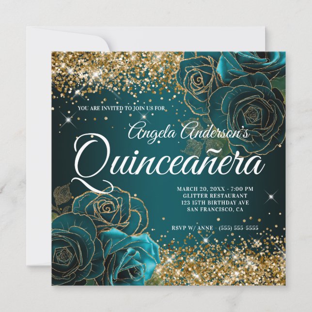 Sparkly Guld Glitter Blue Teal Ro Quinceañera Inbjudningar (Framsida)