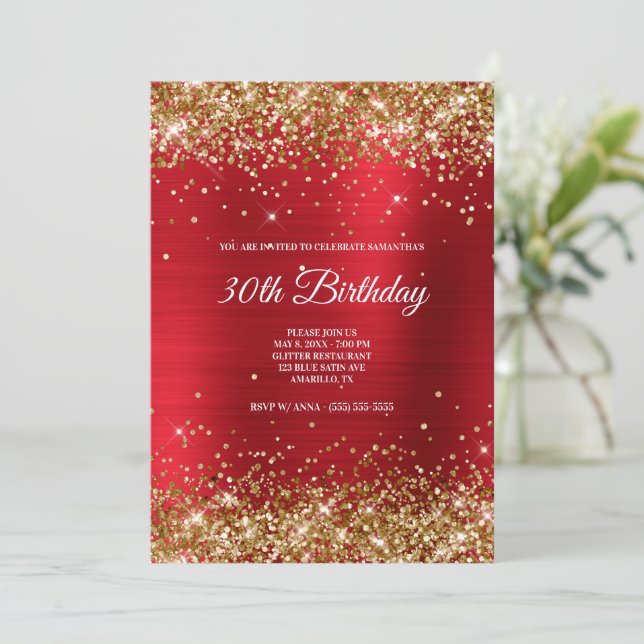 Sparkly Guld Glitter Bright Red Satin Foil Inbjudningar (Stående Fram)