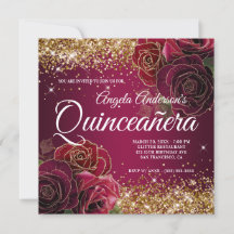 Sparkly Guld Glitter Burgundy Röd ros Quinceañera