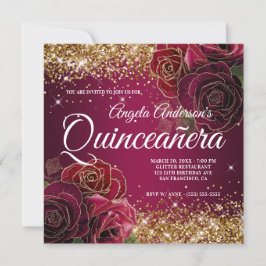 Sparkly Guld Glitter Burgundy Röd ros Quinceañera Inbjudningar