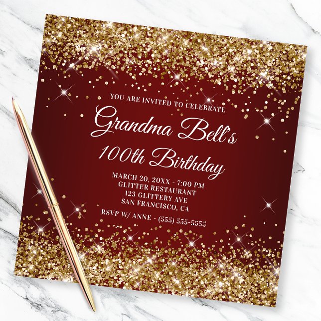 Sparkly Guld Glitter Mörk Red Ombre 100 Birthday Inbjudningar (Skapare uppladdad)