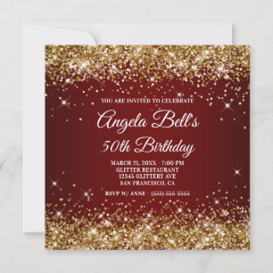 Sparkly Guld Glitter Mörk Red Ombre 50:e födelseda Inbjudningar