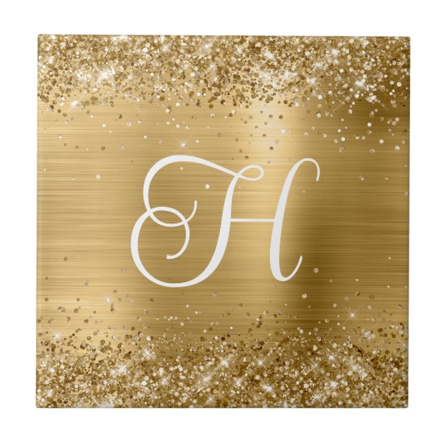 Sparkly Guld Glitter och Foil Monogram Kakelplatta (Framsidan)