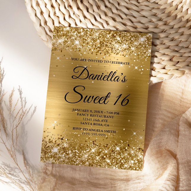 Sparkly Guld Glitter och Foil Sweet 16 Inbjudningar (Create your own golden glam Sweet 16 invite for her.)