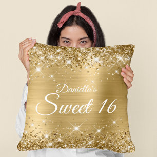 Sparkly Guld Glitter och Foil Sweet 16 Kudde