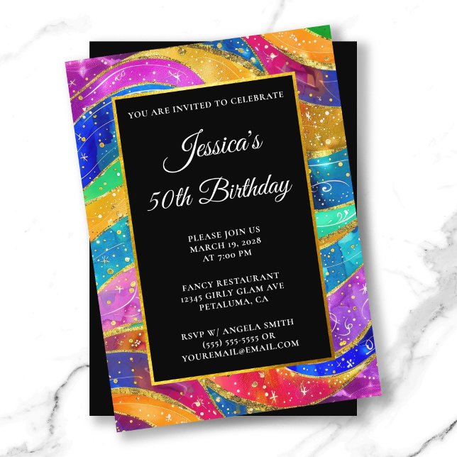 Sparkly Guld Glitter Rainbow 50:e födelsedagen Inbjudningar (Sparkly Gold Glitter Rainbow 50th Birthday Invitation)