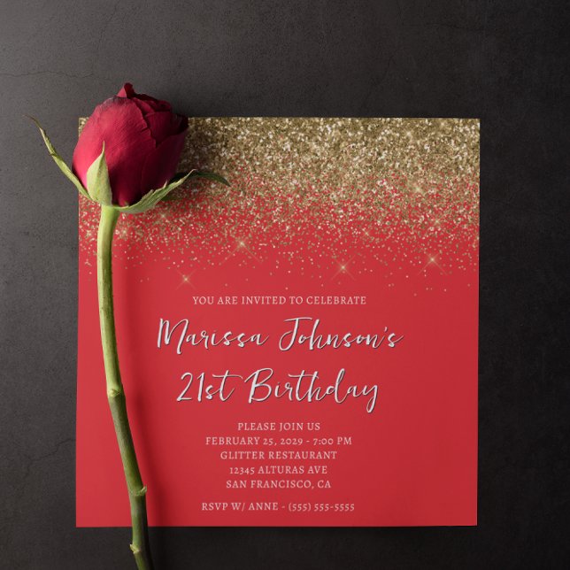 Sparkly Guld Glitter Red 21:a födelsedagen Inbjudningar (Sparkly Gold Glitter Red 21st Birthday Invitation)