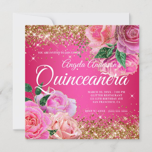 Sparkly Guld Glitter Rosa ros Glam Quinceañera Inbjudningar (Framsida)