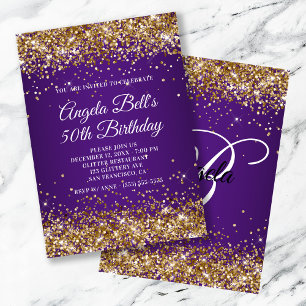 Sparkly Guld Glitter Royal Lila 50:e födelsedagen Inbjudningar