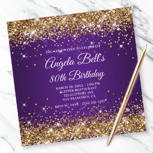 Sparkly Guld Glitter Royal Lila 80:e födelsedagen Inbjudningar