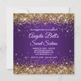 Sparkly Guld Glitter Royal Lila Sweet sixteen Inbjudningar