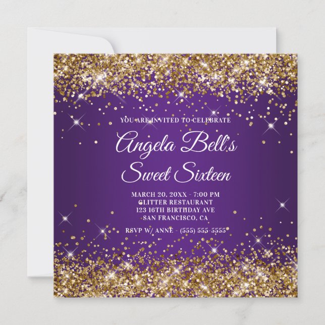 Sparkly Guld Glitter Royal Lila Sweet sixteen Inbjudningar (Framsida)